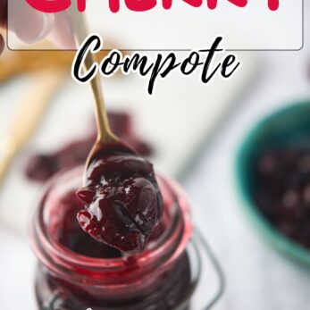 A spoonful of glossy cherry compote is held above an open jar. The image is overlaid with text reading Easy Cherry Compote, and the website thetastesoflife.com is displayed at the bottom.