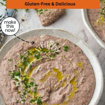 A bowl of white bean and sorrel dip garnished with herbs and olive oil, with a side of bread. Text overlays read: “White Bean and Sorrel Dip,” “Gluten-Free & Delicious,” and “THETASTESOFLIFE.COM.”.