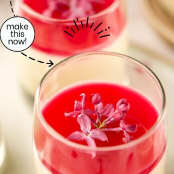 A glass of coconut panna cotta topped with vibrant lilac syrup and garnished with lilac flowers. The text reads Coconut Panna Cotta With Lilac Syrup, Gluten-Free and thetastesoflife.com.