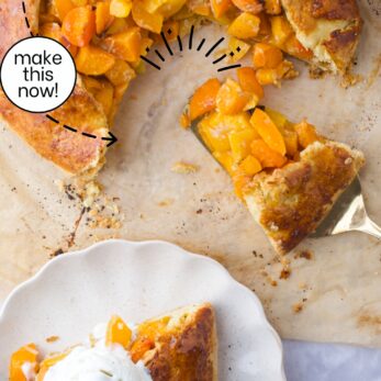 A rustic, gluten-free apricot galette is sliced on parchment paper. A serving is placed on a white plate with whipped cream. Text reads: “Gluten-Free Apricot Galette, easy to make, incredible taste. TheTastesofLife.com.”.