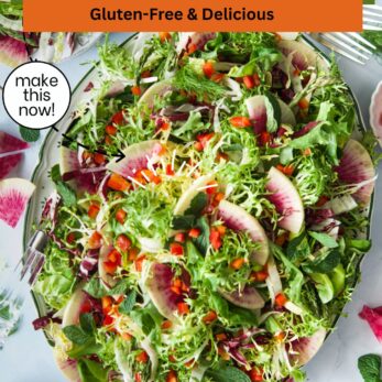 A large bowl of colorful Summer Detox Salad with greens, radish slices, carrots, and herbs. Text reads “Summer Detox Salad, Gluten-Free & Delicious” and “The Tastes of Life.” Slices of vegetables are scattered around.