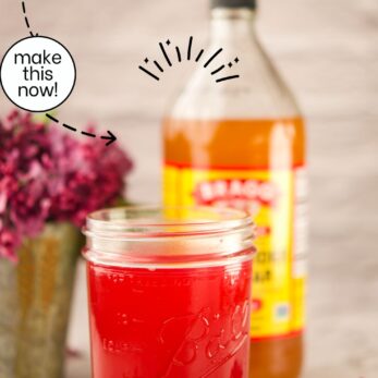 A mason jar filled with lilac infused vinegar sits on a table beside fresh lilac flowers and a bottle of apple cider vinegar. Overlay text reads Lilac Infused Vinegar, Gluten-Free and thetastesoflife.com.