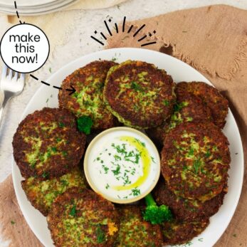 A plate of golden-brown broccoli fritters garnished with herbs, served with a small bowl of dipping sauce. Text above reads “Broccoli Fritters (Gluten-Free)” and “easy to make . incredible taste.”.