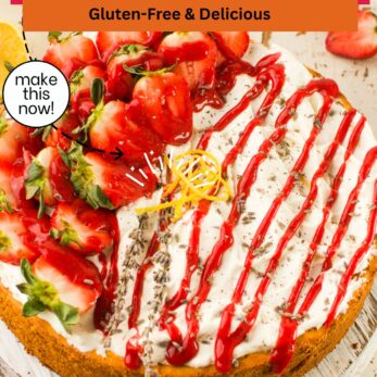 A round strawberry lavender cheesecake topped with fresh strawberries, lemon zest, and drizzled with red sauce. A label reads “Gluten-Free & Delicious.” The website “thetastesoflife.com” appears at the bottom.