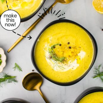 Three black bowls of creamy yellow fennel pepper dill soup garnished with fresh dill, pepper, and cream, displayed with gold spoons on a light surface. Text above promotes the soup as easy to make with incredible taste.