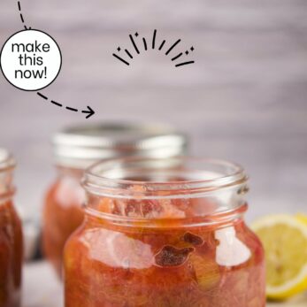 A glass jar filled with chunky rhubarb compote sits on a table, surrounded by other jars, a lemon slice, and text promoting the recipe as easy to make and incredible taste.