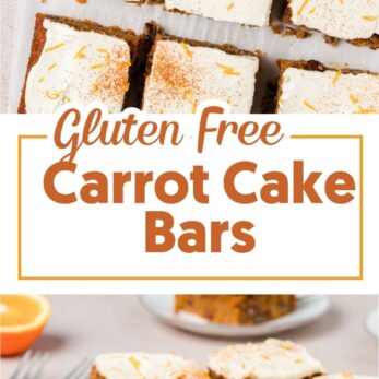 Nine frosted carrot cake bars with grated orange garnish on a baking tray, alongside a plate of bars. Text reads Gluten Free Carrot Cake Bars and www.thetastesoflife.com..