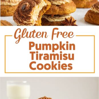 A stack of pumpkin cookies topped with cream and cocoa powder, with text that reads Gluten Free Pumpkin Tiramisu Cookies and the website URL www.thetastesoflife.com.