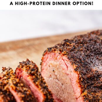 Sliced brisket-style smoked tri-tip with a peppery crust on a wooden board, showcasing a juicy pink interior. Text promotes it as a high-protein dinner option and displays a website URL.