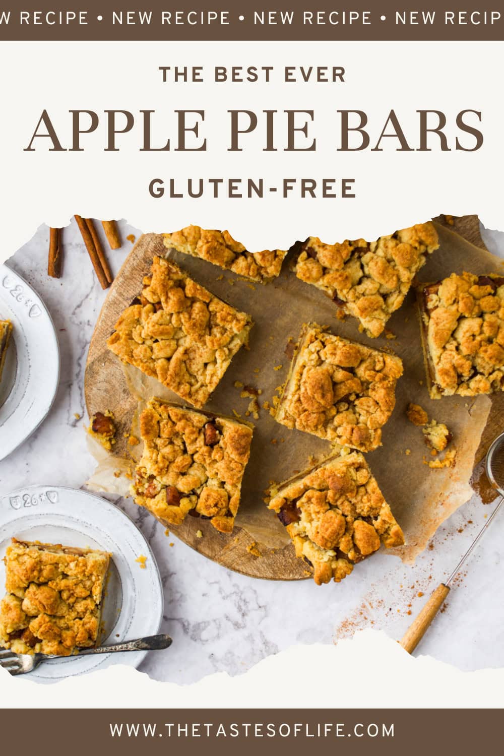 Overhead view of six Gluten-Free Apple Pie Bars on parchment paper, surrounded by plates, forks, cinnamon sticks, and crumbs, with the text The Best Ever Apple Pie Bars Gluten-Free above.