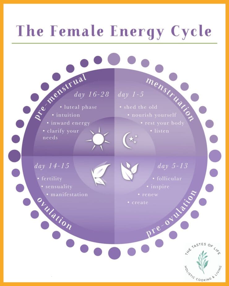 A circular chart titled The Female Energy Cycle shows four phases: pre-menstrual, menstruation, pre-ovulation, and ovulation, each with related activities and symbols in shades of purple.