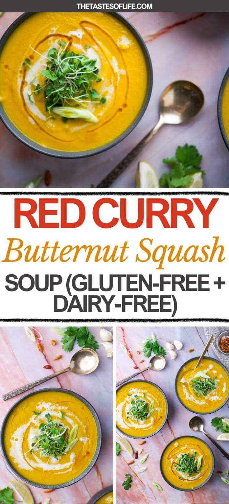 A bowl of creamy Thai Red Curry Butternut Squash Soup garnished with fresh herbs and shredded vegetables, served with a spoon, lime wedge, and parsley. Text overlay reads: Red Curry Butternut Squash Soup (Gluten-Free + Dairy-Free).